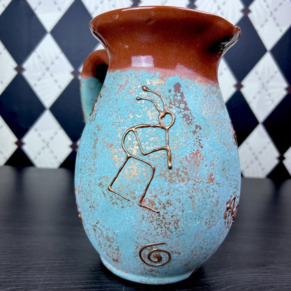 Southwestern Pottery Petroglyph Pitcher Turquoise And terracotta Vase Kokopelli - Picture 15 of 16